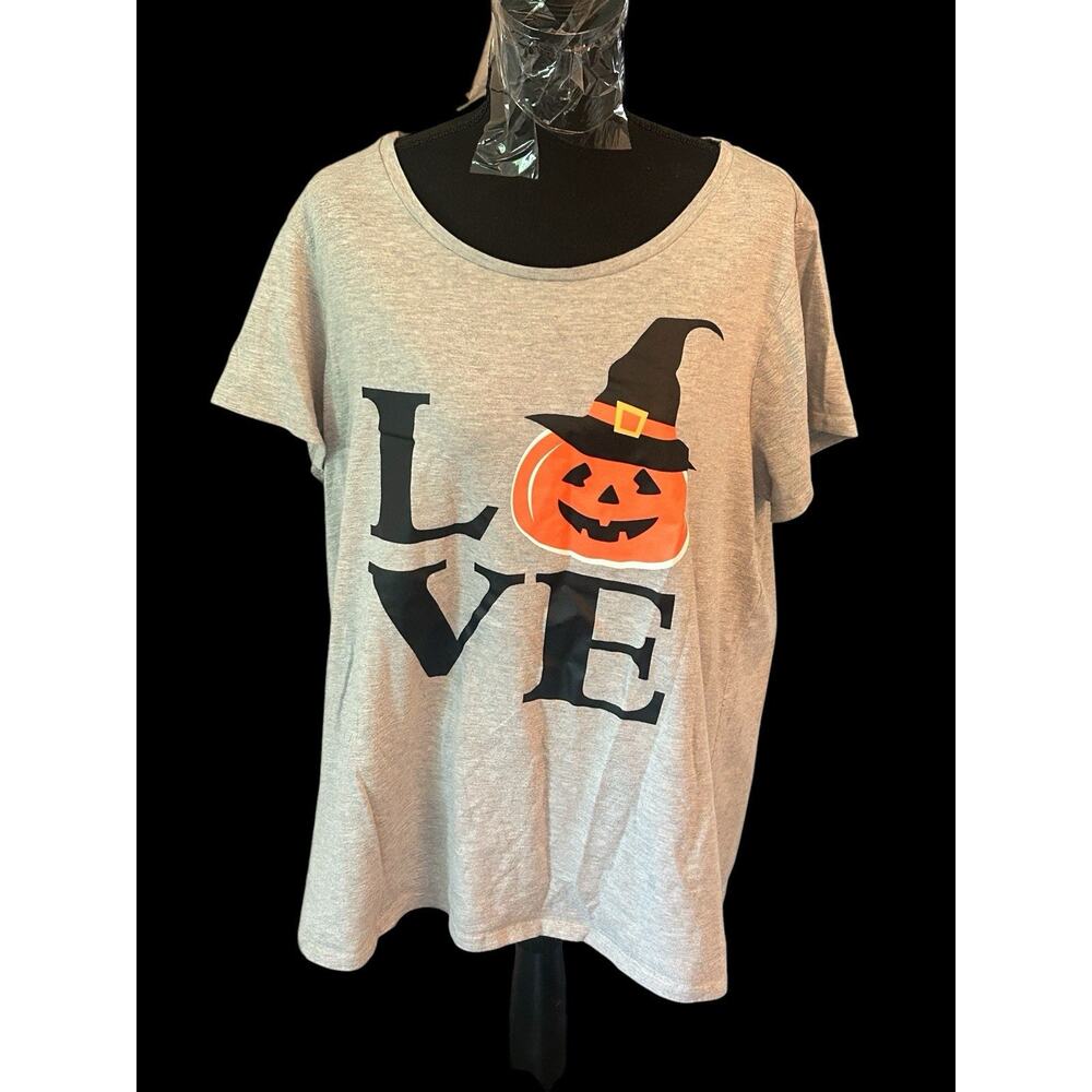 Bobbie Brooks Womens Gray LOVE Halloween T-shirt With Pumpkin Size 2XL